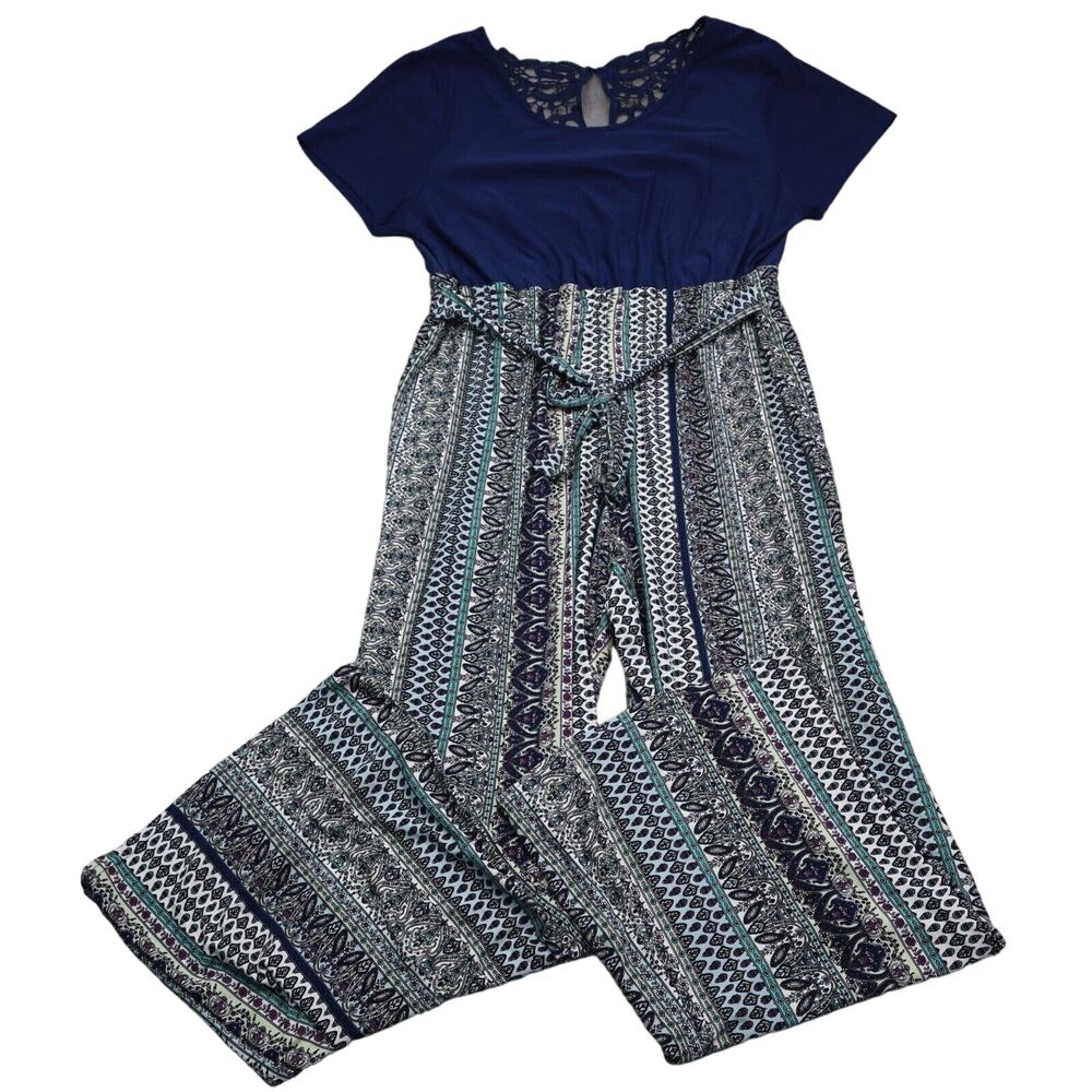 Just Be Jumpsuit Womens 1X Blue Short Sleeve Scoop Neck Tie Batik Stretch
